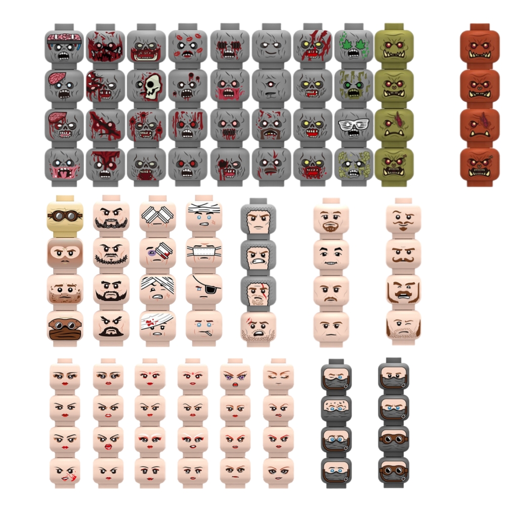Lego Minifigure Holder - 傷ついた表情のある顔のブロック、陸軍兵士フィギュア、ゾンビの頭、軍事部品、レンガのおもちゃ